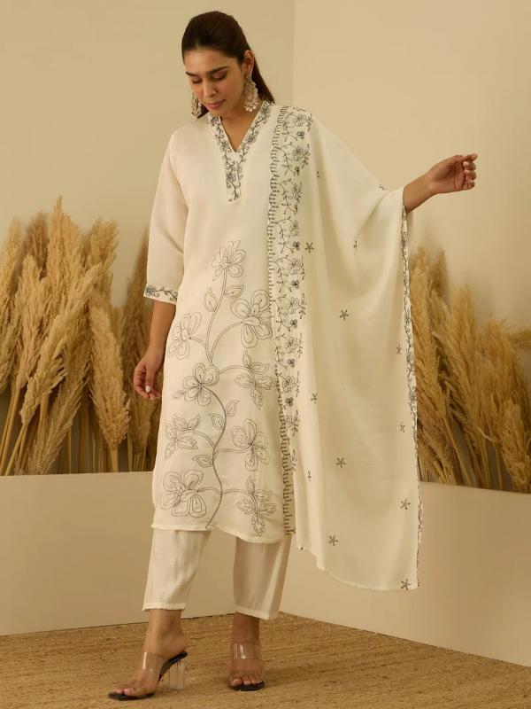 VP 9804 W Ivory Floral Embroidered Kurta Set with Dupatta